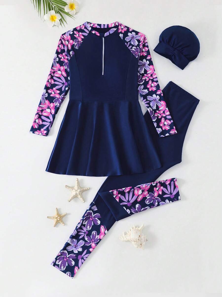 SHEIN 青少年女孩吊帶比基尼上衣長袖花卉印花上衣附拉鍊,黑色純色下擺裙與黑色長褲 - 紫色 - 查看 1