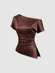 Sweetra Summer New Fashion Design French Elegant Satin-Feel Asymmetric Shoulder Waist Pleat Cinched Cinched Waist Hem Split Asymmetrical Women's Pink Blouse Elegant Commute - Brown - View 1
