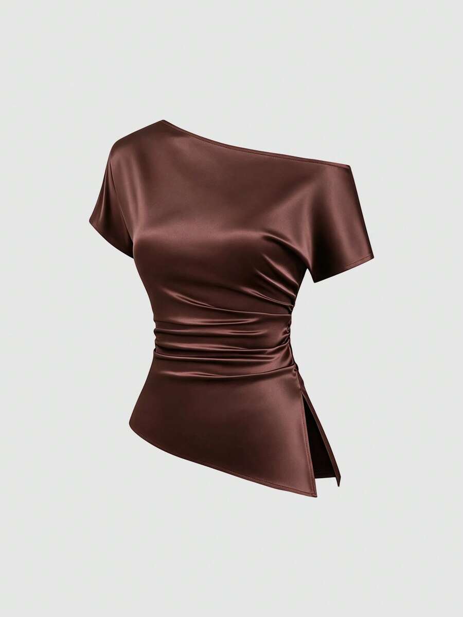Sweetra Summer New Fashion Design French Elegant Satin-Feel Asymmetric Shoulder Waist Pleat Cinched Cinched Waist Hem Split Asymmetrical Women's Pink Blouse Elegant Commute - Brown - View 1