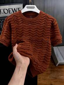Manfinity Homme Men's Solid Color Hollow Out Round Neck Short Sleeve Casual Knit Top Vacation Rusty Orange Summer Holiday - Brown - View 2
