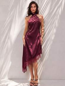 Glamine Women's Elegant Halter Neck Dress, Bold Backless Design With Large Bow, Satin Material, Lace Asymmetric Hem, Halter Neck Dress, Satin Lace Dress, Spring Cocktail Dress, Party Dress, Spring Wedding Guest Dress, Beach Evening Gown, Vacation Dress, Date Night Outfit, Vacation Style - Burgundy - View 3