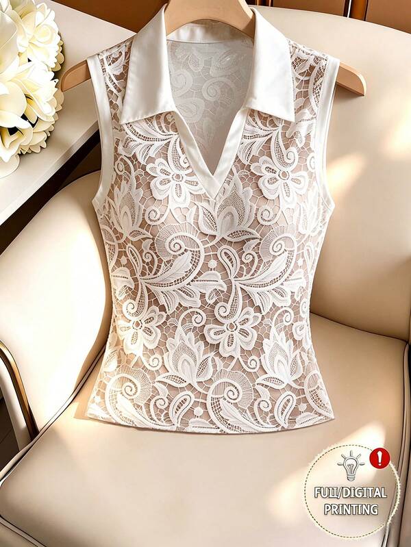 Franclia 女款休閒優雅刺繡印花無袖襯衫領背心上衣，女款白色上衣，女款優雅上衣