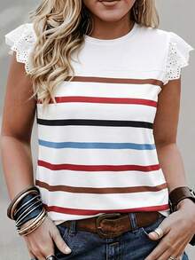 SHEIN LUNE Women's Plus Size Round Neck Striped Contrast Lace Slim Fit Fashion T-Shirt - Multicolor - View 7