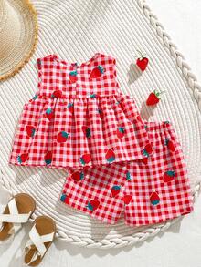 SHEIN Baby Girl Two Pieces Summer Round Neck Sleeveless Top And Red Shorts Set. - Red - View 2