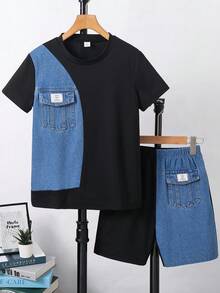 SHEIN 2件組兒童青少年男孩夏季休閒牛仔拼接黑色上衣 & 牛仔拼接短褲套裝，男孩服裝適合開學穿搭、校服、開學服裝 - 黑色 - 查看 2