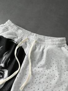 ROMWE MEN Street Life Men's Character Print Sparkling Rhinestone Loose Shorts Spring Summer - Grey - View 2