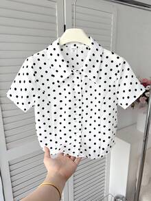 SHEIN 青少年女孩休閒 80 年代可愛優雅白色黑波點短袖上衣，適合返校季與夏季 - 黑與白 - 查看 2