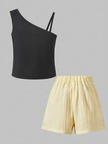 SHEIN Tween女孩 2件組 春夏兒童服飾迷你無袖背心上衣 黑色馬卡龍色短褲 度假可愛女孩旅行 機場 紫色牛仔女郎 - 彩色 - 查看 2
