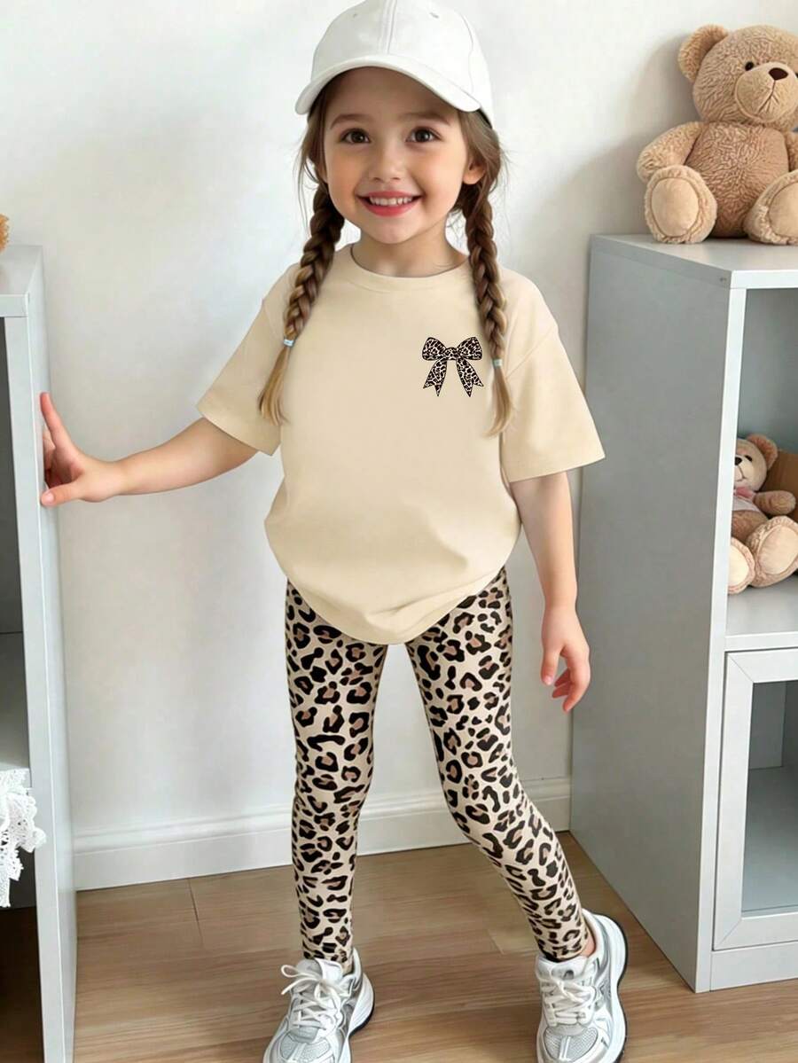 Elladie kids 春夏季秋季女童幼兒時尚個性化清新簡約豹紋蝴蝶結印花休閒基礎短T恤與長褲套裝,舒適夏秋風格,適合女童四季穿搭套裝 - 彩色 - 查看 1