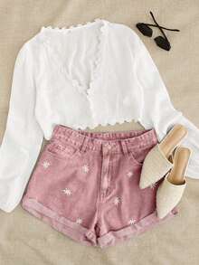 SHEIN Essnce 大码女式休闲宽松舒适粉色刺绣牛仔短裤 - 粉色 - 查看 3