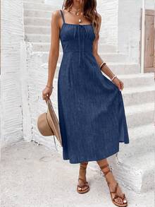 SHEIN Frenchy Women's Solid Color Pleated Split Design Casual Date Party Midi Slip Dress - Navy Blue - View 3