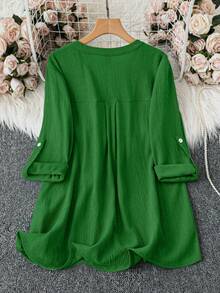SHEIN Clasi 大尺碼休閒通勤素色捲袖襯衫 - 綠色 - 查看 2