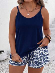 EMERY ROSE Plus Size Vacation Casual Solid Color Camisole Top And Floral Print Shorts 2-Piece Set - Multicolor - View 4