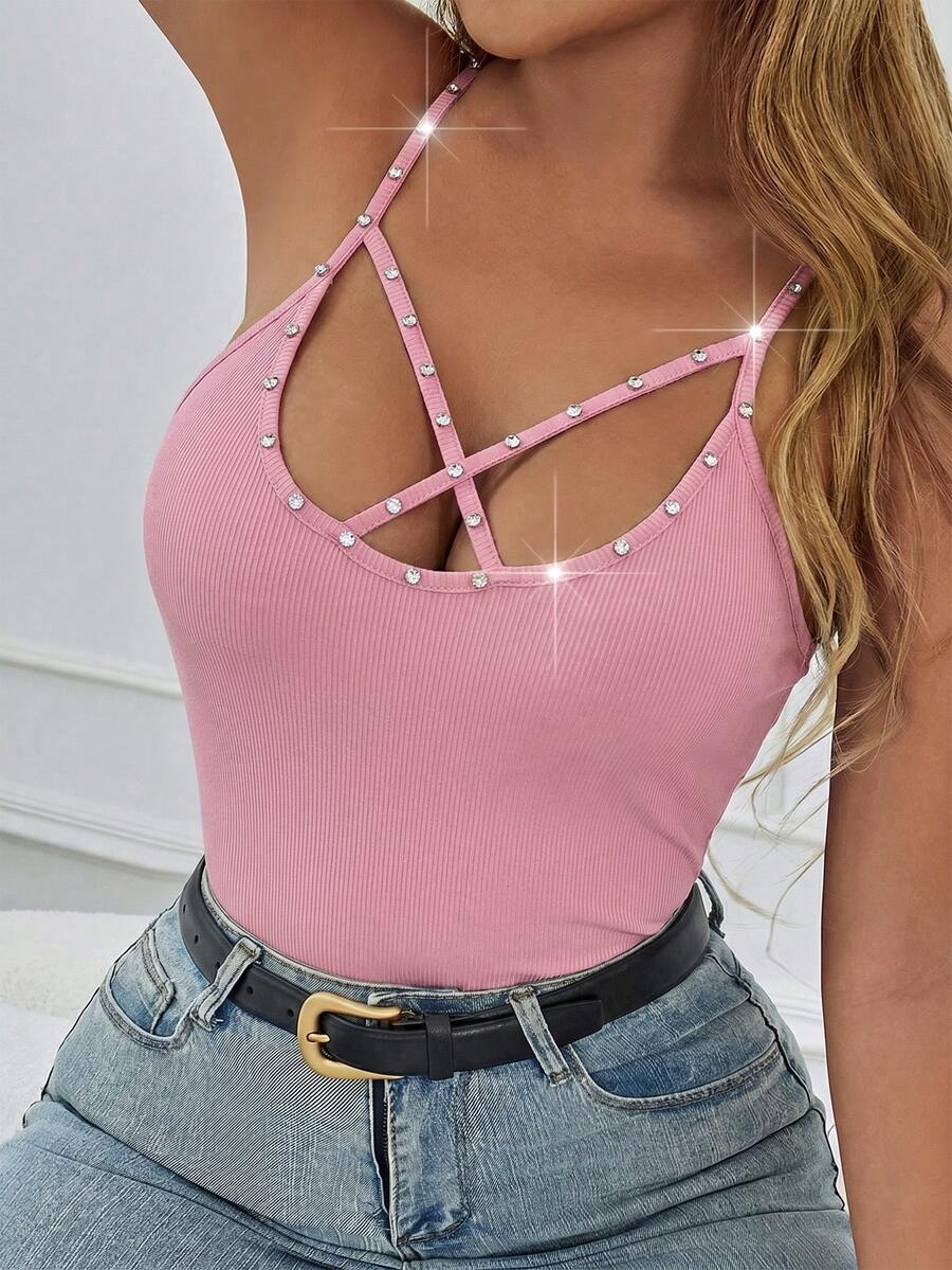Glamine Ribbed Hollow Out Crisscross Strap Tank Top - Pink - View 1