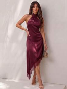 Glamine Women's Elegant Halter Neck Dress, Bold Backless Design With Large Bow, Satin Material, Lace Asymmetric Hem, Halter Neck Dress, Satin Lace Dress, Spring Cocktail Dress, Party Dress, Spring Wedding Guest Dress, Beach Evening Gown, Vacation Dress, Date Night Outfit, Vacation Style - Burgundy - View 5
