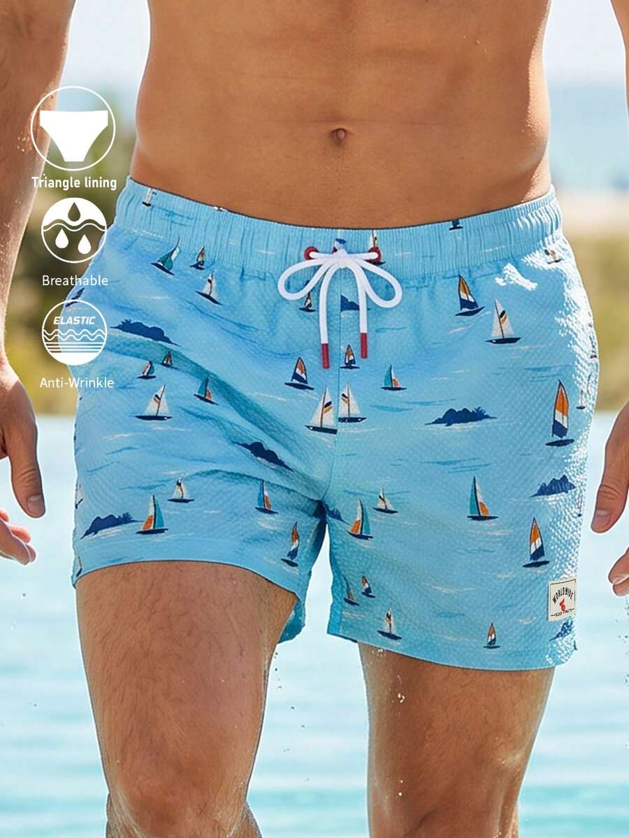 Manfinity Swimmode 男士帆船印花抽繩腰口袋沙灘短褲 - 藍色 - 查看 1