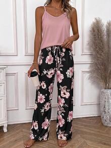 EMERY ROSE Women's Solid Color Camisole Top And Floral Print Long Pants Casual 2-Piece Set - White - View 1