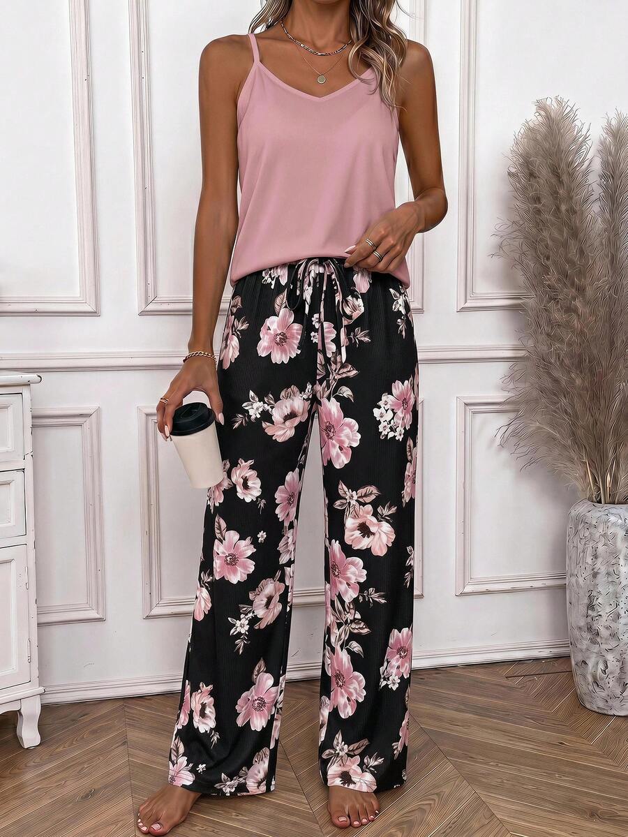 EMERY ROSE Women's Solid Color Camisole Top And Floral Print Long Pants Casual 2-Piece Set - White - View 1