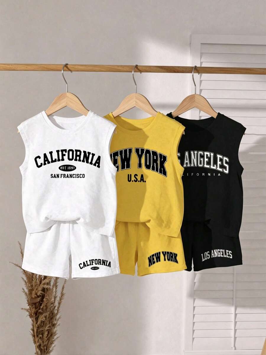 SHEIN 6件/組 男童字母印花圓領寬肩背心與短褲休閒套裝,白色*1 黃色*1 黑色*1,男童休閒極簡街頭風百搭街頭服飾,適合戶外運動、日常穿著、春夏秋冬四季、居家穿著,美國洛杉磯加州紐約 - 彩色 - 查看 1
