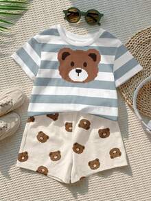 Baby Boy Casual Simple T-Shirt Set Suitable For Summer, Classic Striped Cartoon Pixel Bear Pattern Print. - Multicolor - View 3