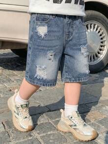 Young Boy Summer Casual Street Style Ripped Distressed Elastic Waist Light Blue Denim Shorts,Comfortable Cotton Fabric,Versatile For School & Daily - Medium Wash - View 4