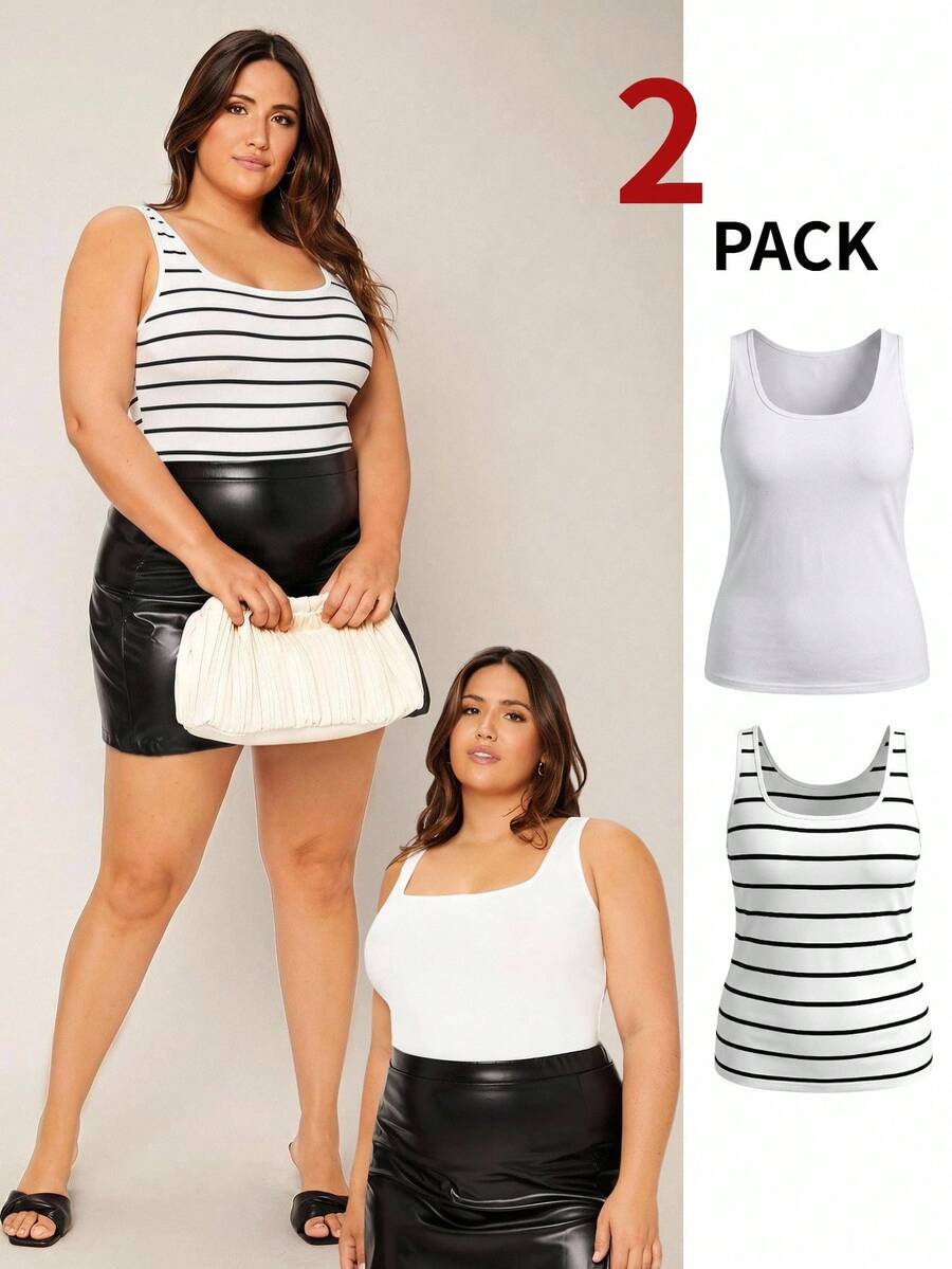 SHEIN BASICS 大尺碼女款純色與條紋方領修身休閒百搭背心 - 彩色 - 查看 1
