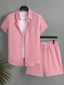 Surfspeed Men's Front Button Short Sleeve Casual Shirt And Shorts Set, Summer, Holiday - Pink - View 2