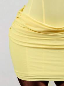 BamGleam Women Summer Solid Pale Yellow Strapless Corset Bodycon Mini Dress Ruched Wrap Hem Sexy Night Out Club Party Beach Photo Outfit - Yellow - View 9