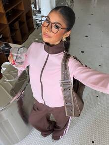 Muchica Women's Light Pink Brown Striped Jacket And Trousers Preppy Casual Style Tracksuit Travel Autumn - Multicolor - View 3