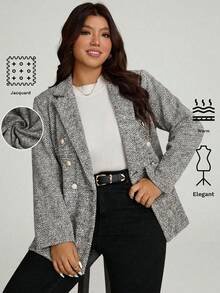 SHEIN LUNE 大码秋冬女款缺口领长袖纽扣前格子休闲西装外套/粗花呢材质/黑色西装外套/冬季女款夹克派对亮片假日 - 彩色 - 查看 1
