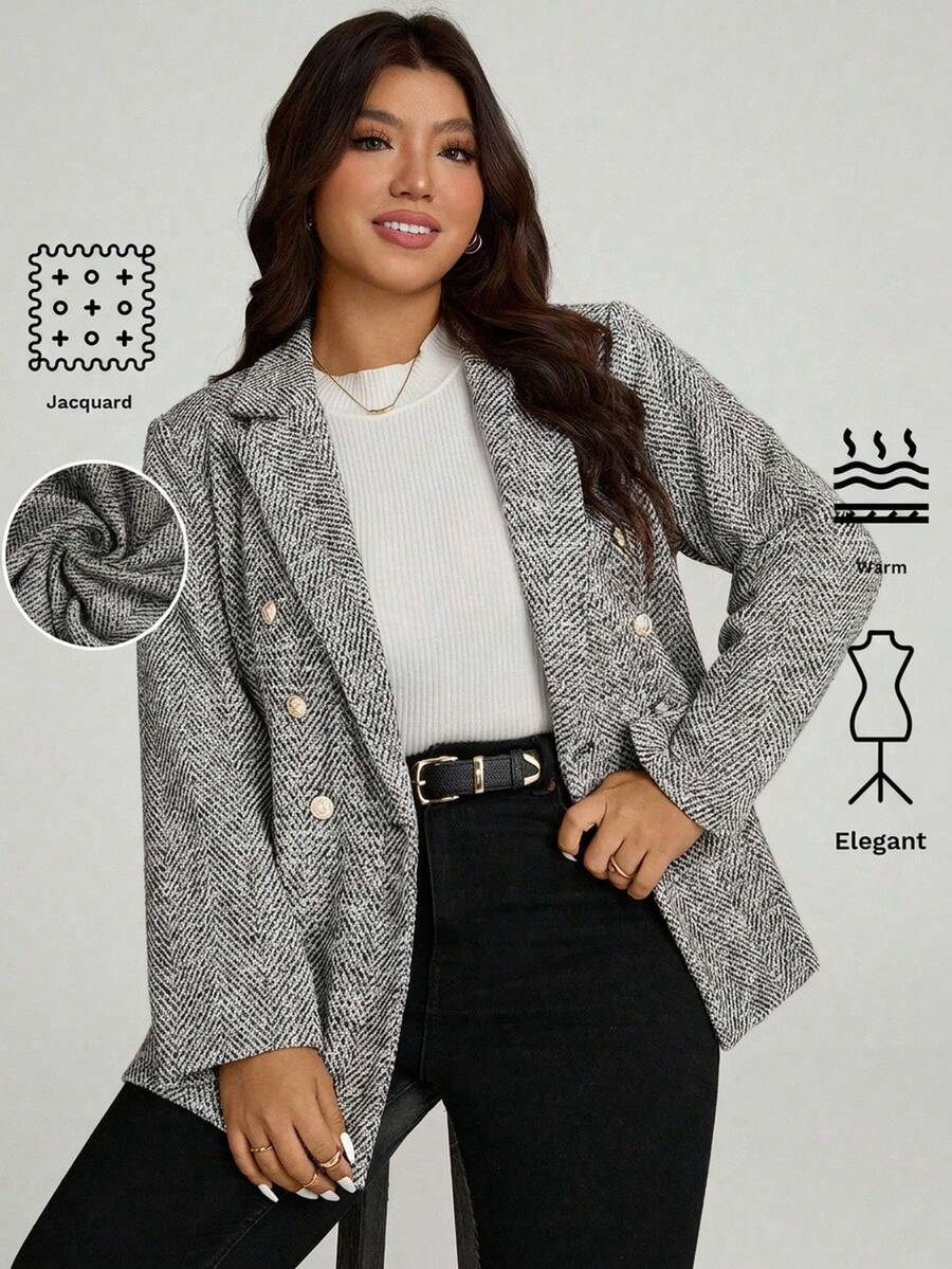 SHEIN LUNE 大码秋冬女款缺口领长袖纽扣前格子休闲西装外套/粗花呢材质/黑色西装外套/冬季女款夹克派对亮片假日 - 彩色 - 查看 1