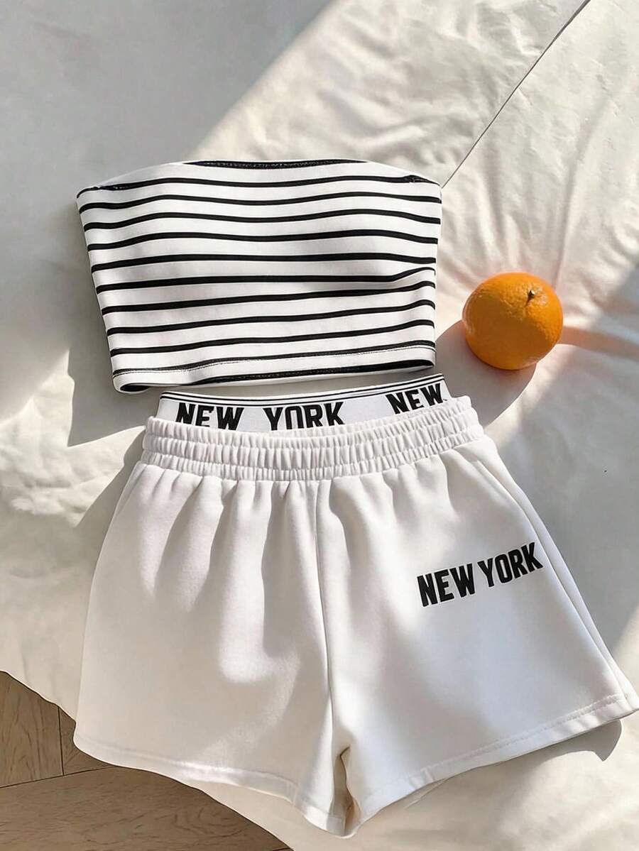 SHEIN Girlism 青少年女孩休閒街頭風 Y2K 英文字標語印花衛衣與短褲,附貼身針織純色抹胸上衣 2 件套 白色 - 彩色 - 查看 1
