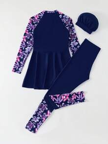 SHEIN 青少年女孩吊帶比基尼上衣長袖花卉印花上衣附拉鍊，黑色純色下擺裙與黑色長褲 - 紫色 - 查看 2