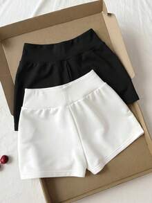 SHEIN Tween Girl Tween Girls Casual Flower Printed Gray And White Color Knit Wide Leg Shorts 2pcs Set - Black and White - View 2