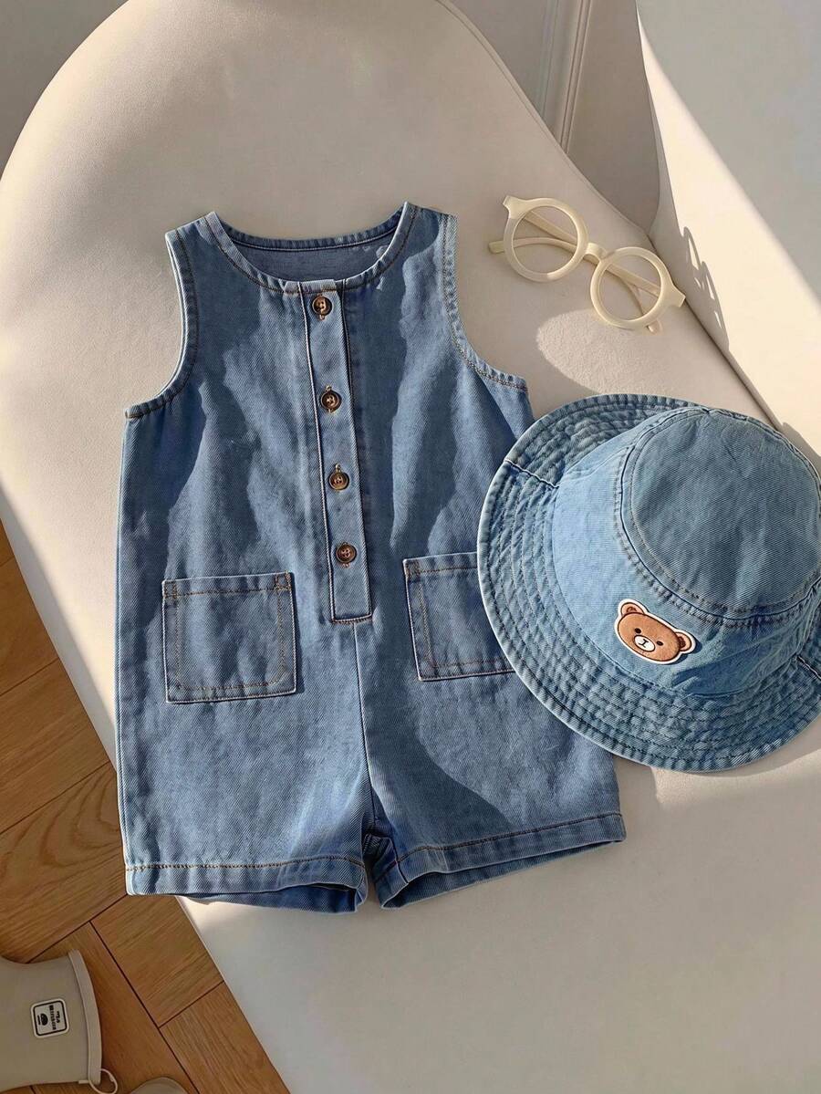 SHEIN Baby Boy/Girl Summer Casual Denim Romper, Cute Romper - Multicolor - View 1