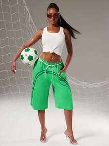 NYA SZN Short Elastic Wasitband Knee Length Asymmetrical Baggy Loose Oversized Athletic Sporty Gym Striped Green Outfits For Women - Green - View 3