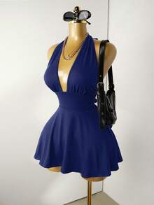 Mistrie Black Tight-Fitting Romper With Deep V-Neck, Backless Strap - Navy Blue - View 8