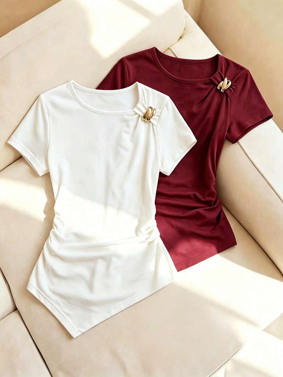 Elladie kids Asymmetric Hem Ruched T-Shirt, Two Pieces Set For Young Girls - Multicolor - View 1