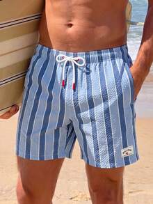 Manfinity KASUA Shorts de playa a rayas de colores contrastantes para hombres, vacaciones - Celeste - Ver 3