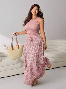 Solflare Casual Light Pink Dusty Pink Plus Size Women's Round Neck Tank Top And Ditsy Floral Skirt 2-Piece Set Beach Vacation Summer - Pink - View 4
