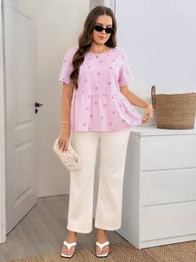 SHEIN LUNE Damen Große Größen Weiß Kurzarm Lässig Fairycore Süß Kawaii Hemd Geburtstag Business Urlaub Brunch Abendessen Büro Sommer - Pink - Übersicht 5