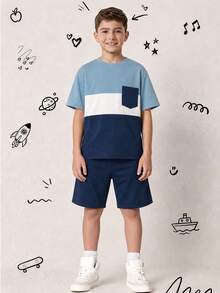 SHEIN 2件組青少年男孩休閒學院風拼色圓領套頭短袖T恤與短褲套裝 卡其色，適合通勤、上學、外出、運動、節日、派對、度假、春夏季 - 藍色 - 查看 4
