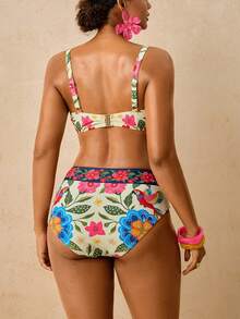 Travachic Women's Tropical Resort Style | Vintage Parrot Floral Print Wide Strap U-Notch Bikini Set - Contrast Trim Mid-Waist Two Pieces Swimwear Beachwear - Multicolor - View 2