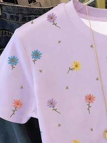 SHEIN 女童春夏休閒舒適時尚簡約創意個性清新可愛雛菊花卉圖案印花休閒風春夏短袖T恤滿版印花日常穿著適合春夏氛圍外出上衣 - 彩色 - 查看 4