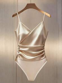 SHEIN Rosurelle Women's Elegant Champagne Gold Satin Bodysuit,Spaghetti Strap Crossed V-Neck Side Button Ruched Summer Fitted Bodysuit For Night Out - Apricot - View 3