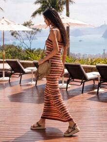 Nöista Colorful Crhet Striped Halter-Neck Maxi Dress With A Fitted Silhouette And Hand-Knitted Stripes, Perfect For Summery Bohemian Or Retro Vacation Look - Red - View 2