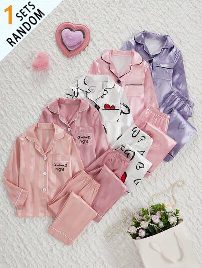 1 Random Set Out Of 5 Girls Pajama Sets, Big Girls Purple Heart, Pink Heart, White Heart, Pink Jacquard Pocket Embroidered, Orange Jacquard Pocket Embroidered, Cardigan Short Sleeve Shorts Loungewear Set, Summer