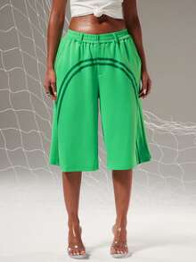 NYA SZN Short Elastic Wasitband Knee Length Asymmetrical Baggy Loose Oversized Athletic Sporty Gym Striped Green Outfits For Women - Green - View 2