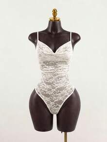 SaltGleam SaltGleam Spring Summer New White Floral Lace Ruffle Neckline Camisole Bodysuit Spaghetti Strap Top French Minimalist Romantic Sexy Night Out Going Out Party - Apricot - View 3