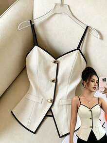 Fine & Folde New V-Neck Camisole With Water Drop Buttons, Versatile Commuter Style Hot Girl Women's Tank Top - Beige - View 4